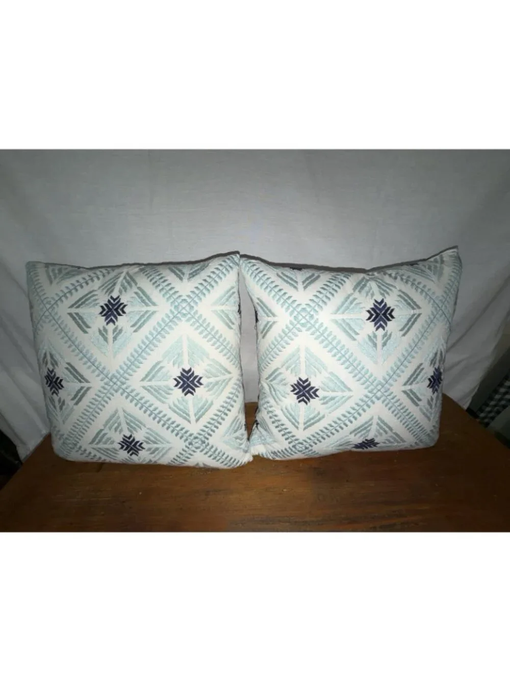 2 Envogue Seafoam Green Cream Navy Blue Embroidered 18X18 BOHO Throw Pillows